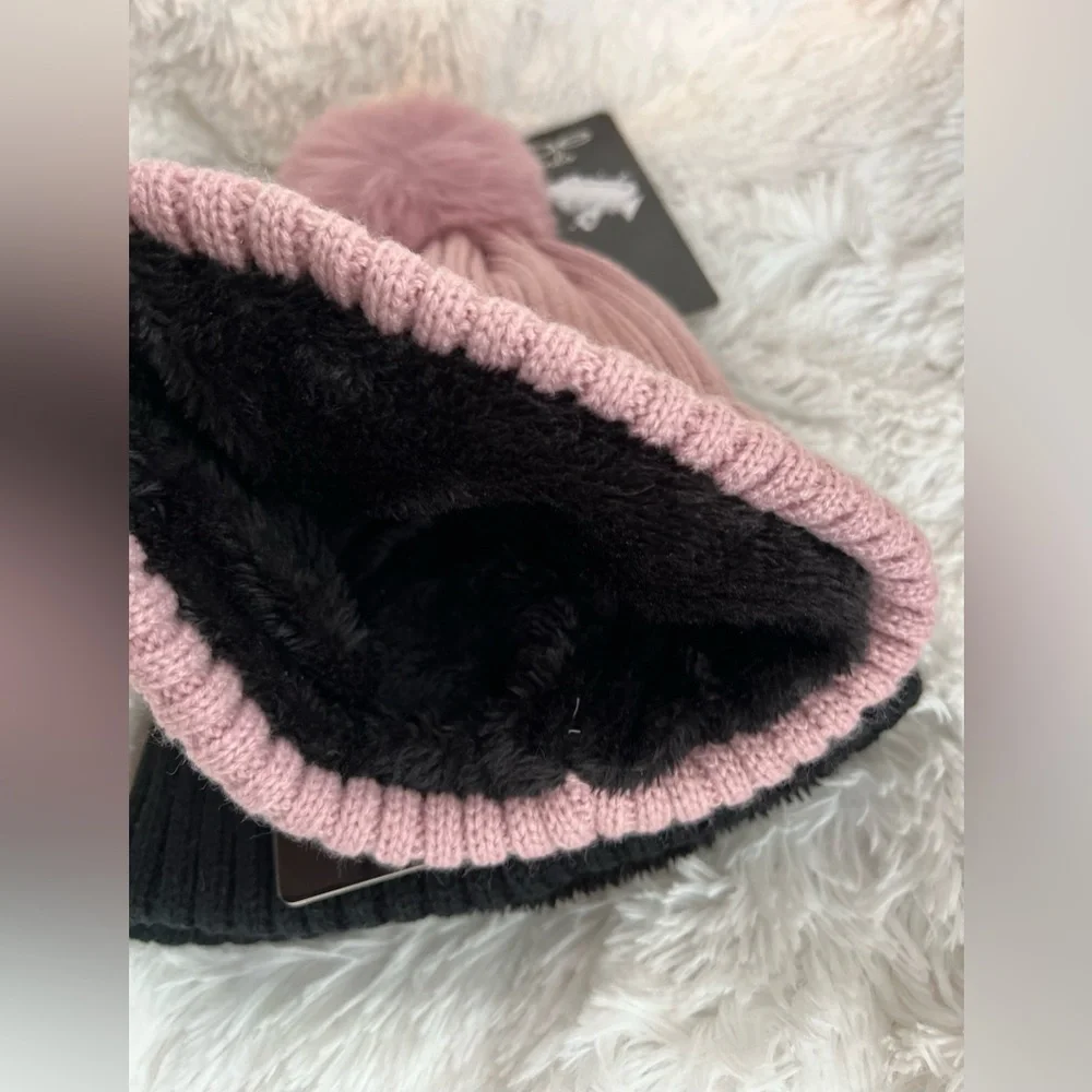 Bebe girls pom plush winter beanie hat pink black 2 pack